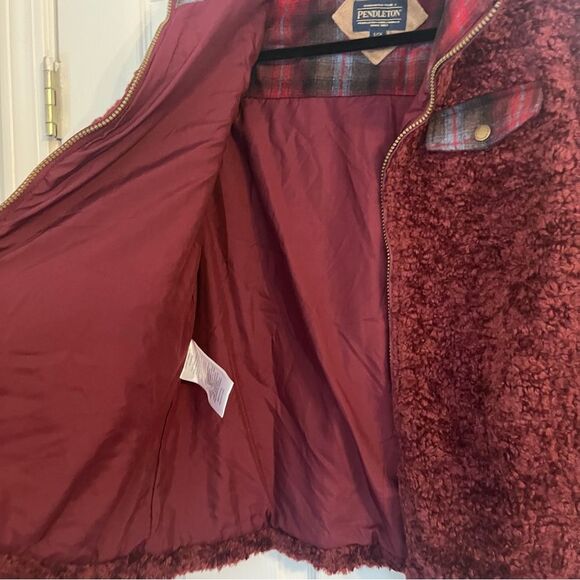 Pendleton sherpa plaid lined retro fuzzy fleece  burgundy Jacket Small - Picture 5 of 7